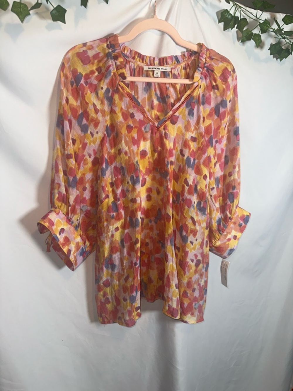 Zac & Rachel Multicolor Abstract Print V-Neck Tunic - Yellow, Pink, Blue